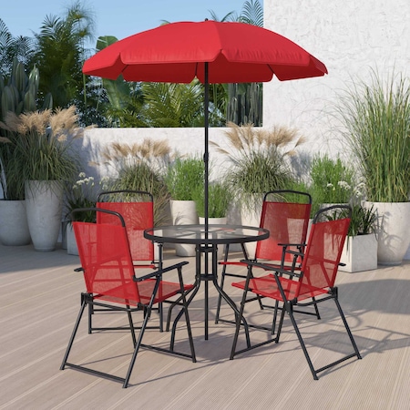 Flash Furniture 6 PC Red Umbrella Table Set with Folding Chairs GM-202012-RD-GG